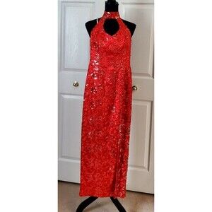 VTG Alyce Designs Formal Red Sequin Gown Sz 0 Choker Halter Slit Maxi Dress EUC